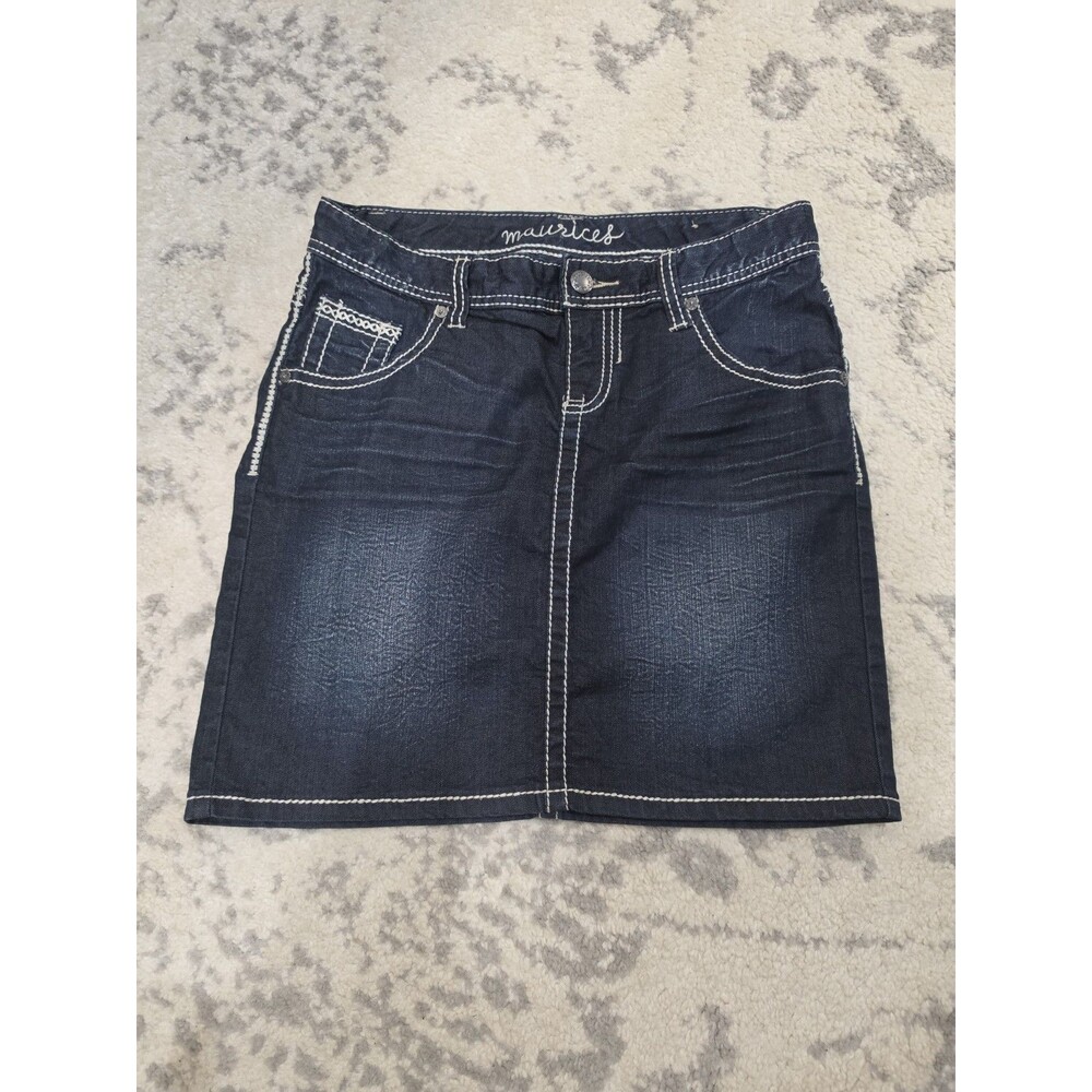 Maurices Jean Denim Mini Skirt 5/6 Stretch Embroidered Dark Wash